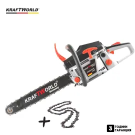 Бензинова резачка за дърва KraftWorld 72 куб. - Бензинов моторен трион 5к.+ верига