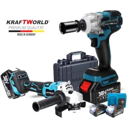 Комплект комбиниран ударен гайковерт и безчетков ъглошлайф, Kraftworld, 38V 8 Ah