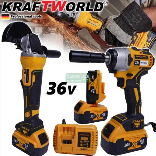 Немски Акумулаторен к-т Ударен Гайковерт и Ъглошлайф KraftWorld 36V, 8A