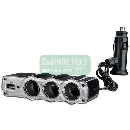 Разклонител на запалка за кола с три гнезда 12v/24v + USB 5v 